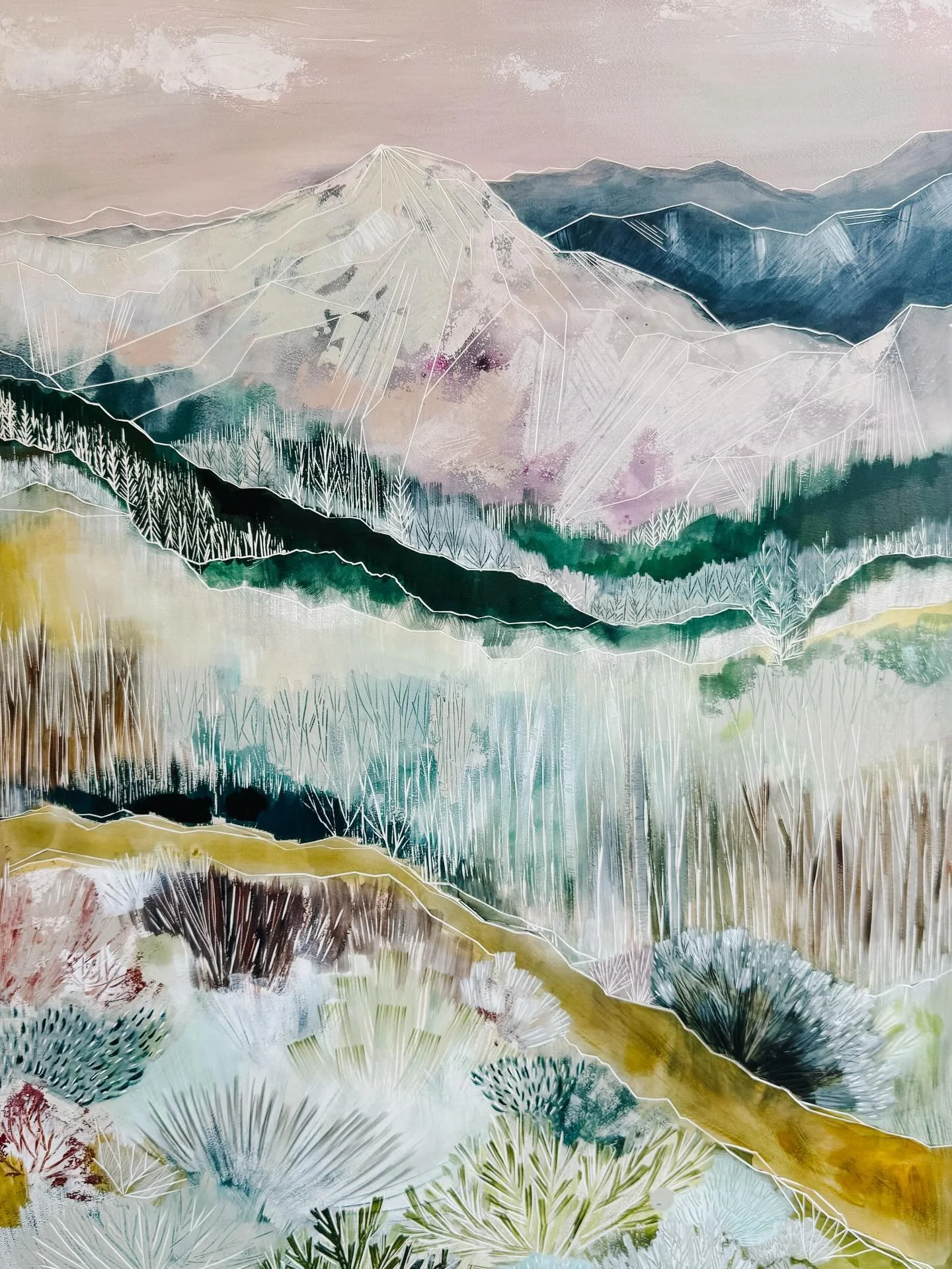 This was a dream project for a dream client. 
A Triptych with 3 separate landscapes representing a different season. A single path weaves through the composition as the fall trees transition to winter mountains and finally a spring sky. To make this 