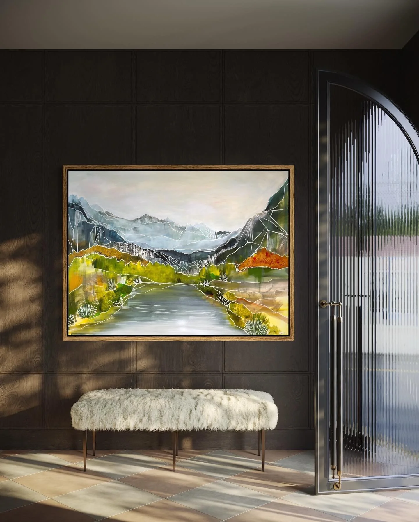 This one is for the spaces that sit somewhere between Contemporary and Coziness. The linework adds just enough of a modern edge to the landscape to keep it interesting, but the earthy tones keep it feeling like home. It&rsquo;s designed to be a piece