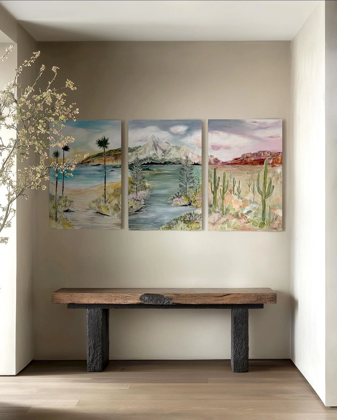 A family commissioned three landscapes for one wall and wanted each piece to feel like a genuine invitation into a place you actually want to step into. Beach, mountain, desert. Each painting flows into the next with the linework and horizon lines co