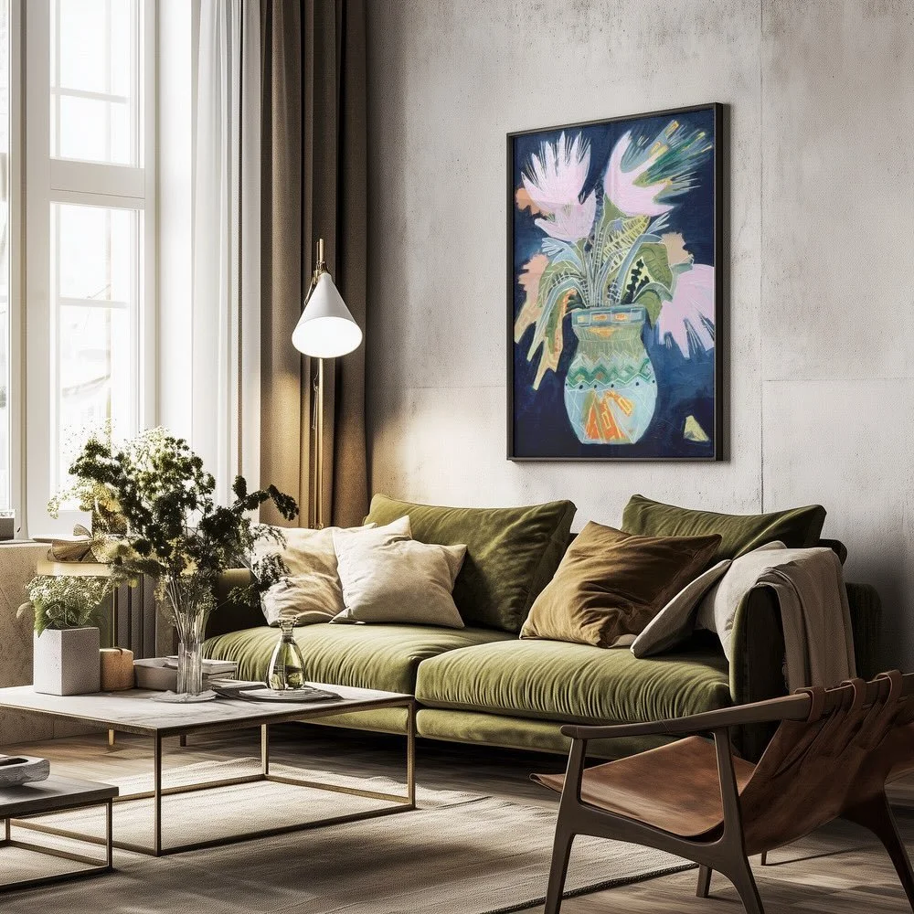 Not every space wants a horizon. This one from the Botanicals collection lives well in rooms that want something bold and grounded at the same time. The etched details are all hand-cut, same as the landscapes.

Available as an original commission, ca