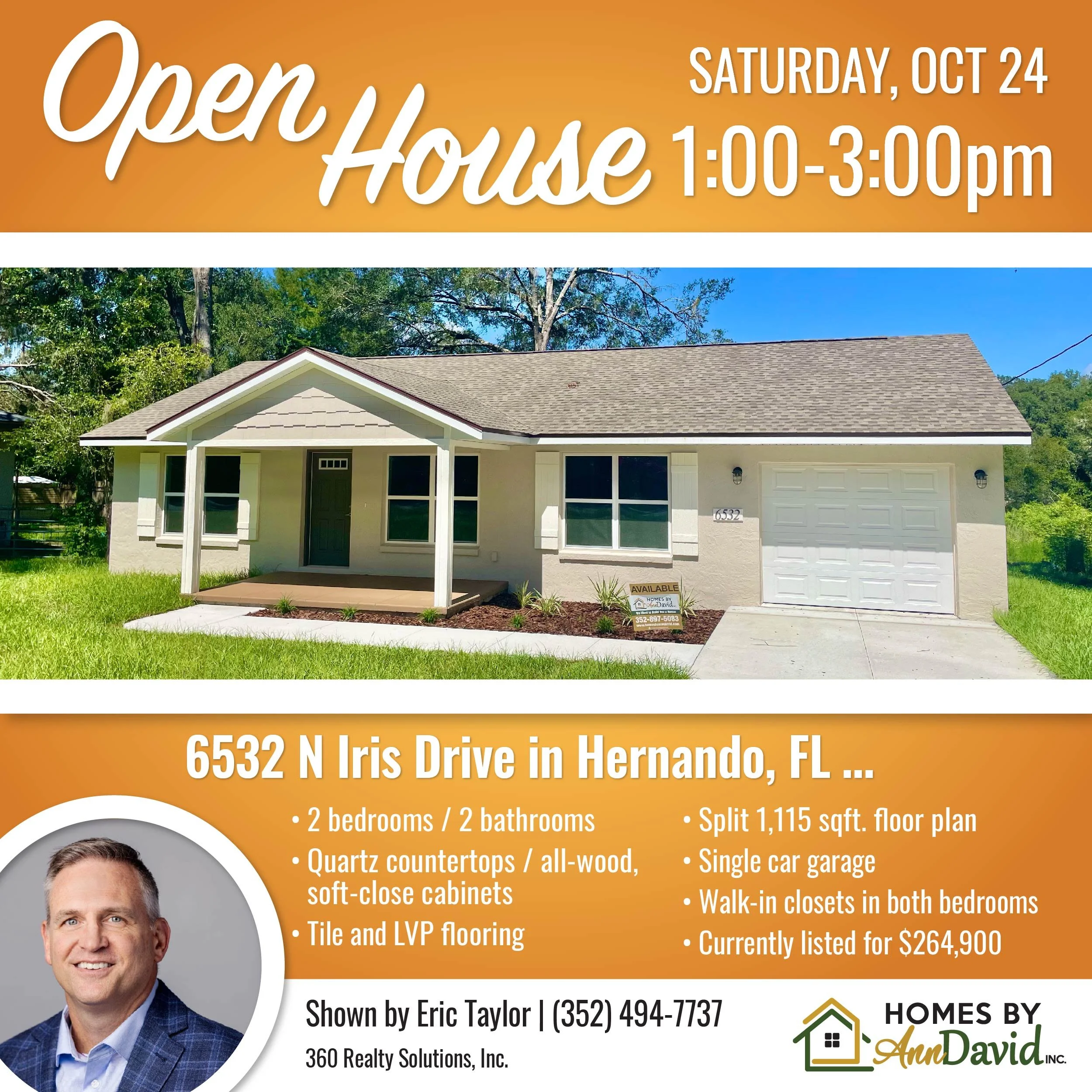 Graphic promoting an Open House for a 2 bedroom, 2 bath home taking place on October 24 from 1 pm to 3 pm at 6532 N Iris Drive in Hernando, Florida.