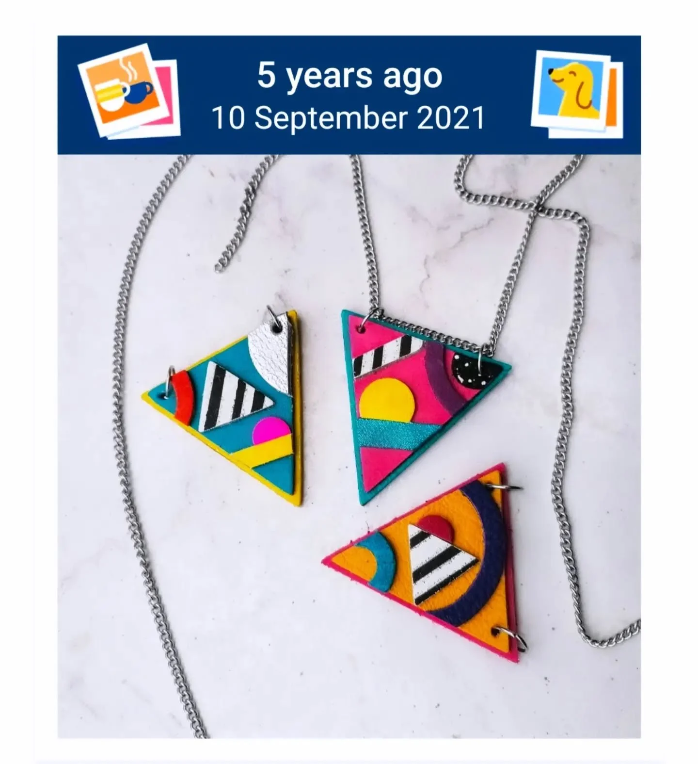 This memory came up on FB and it reminded me how much I loved making the Memphis pendants with offcuts of offcuts. 

Swipe to see today's work - again I'm going through my offcuts box and making jewellery with shapes previously cut out for other purp