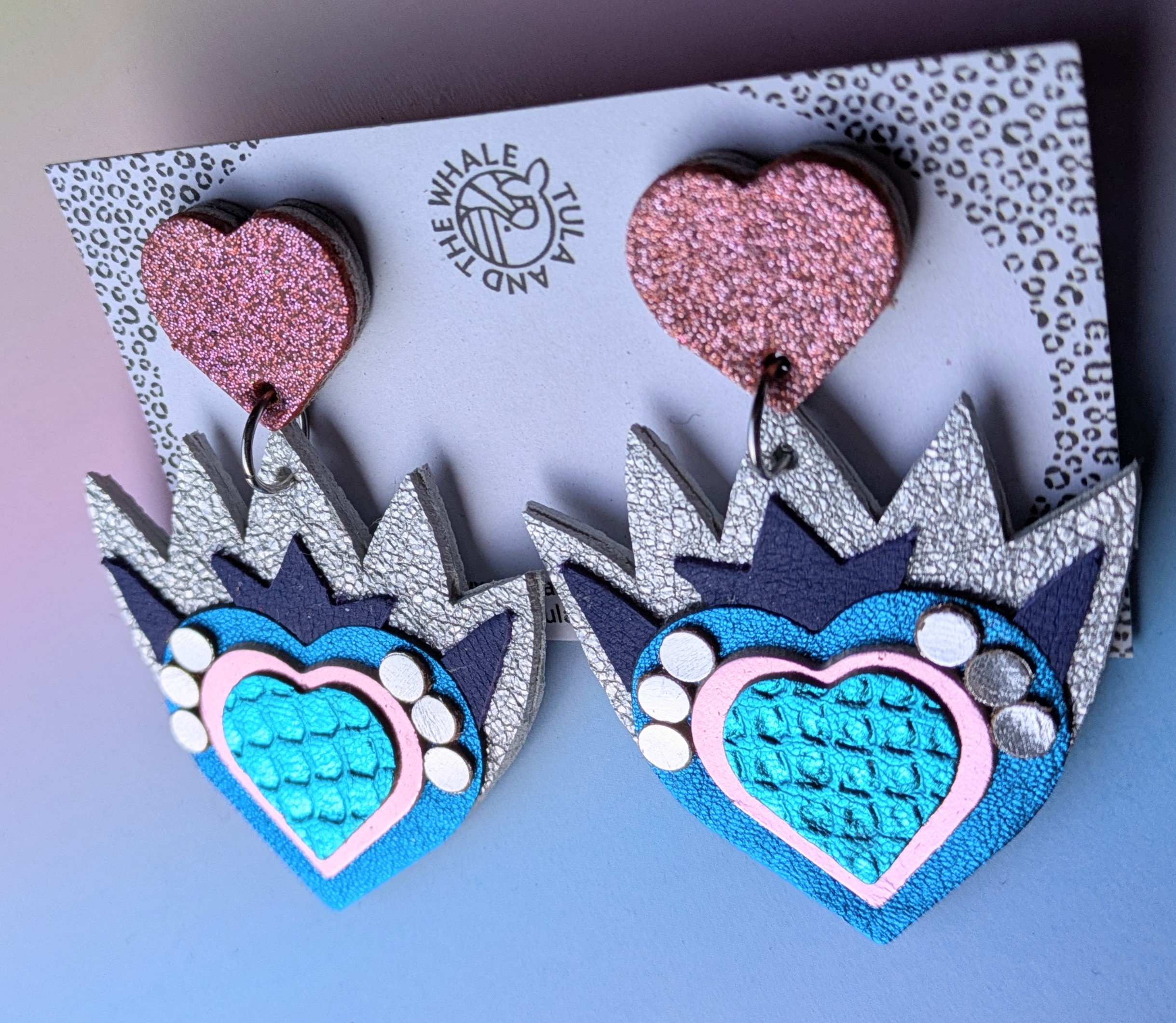 Mexican Flaming Heart Earrings - Turquoise, Silver & Pink