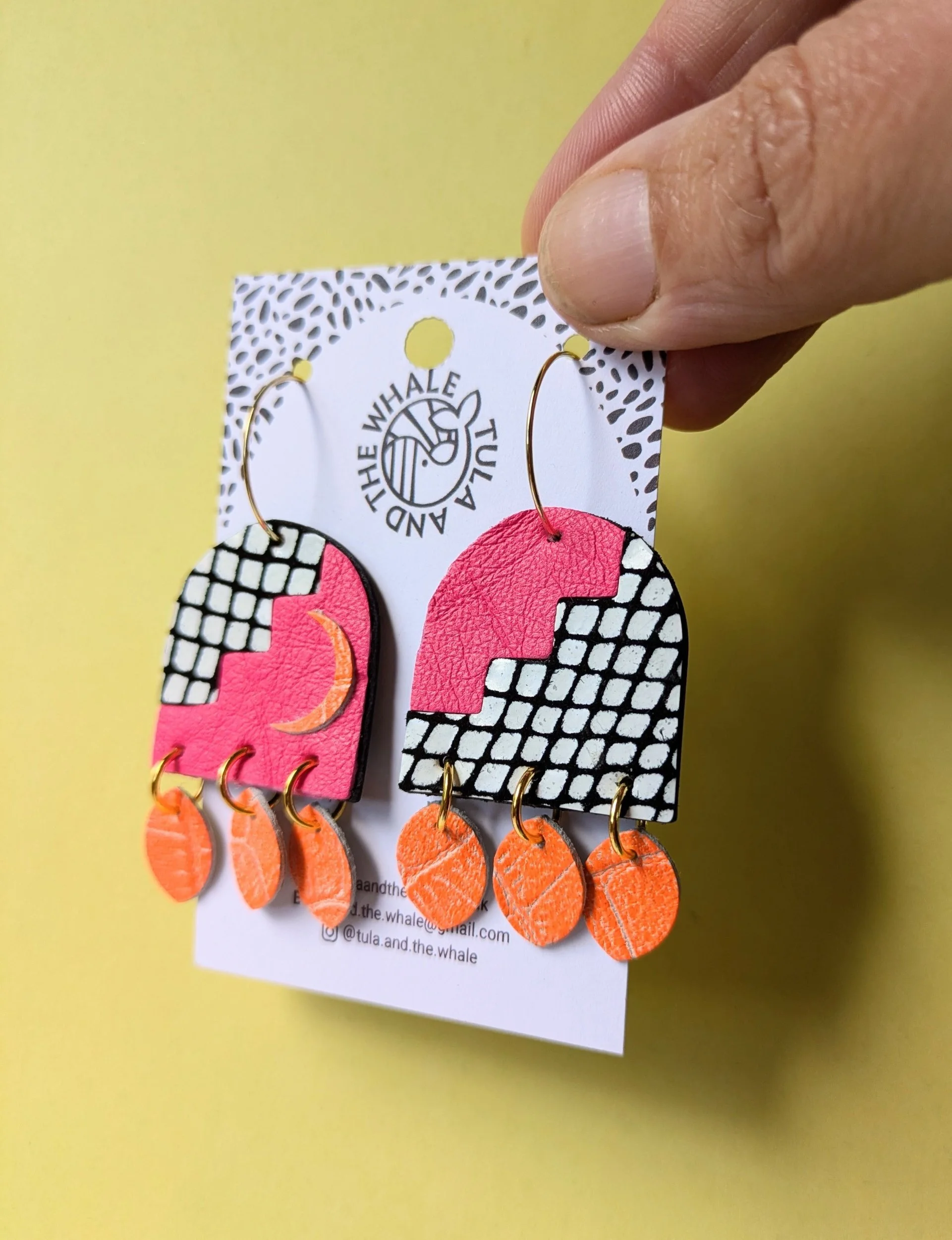 Fez Moon Earrings - Neon & Monochome Check