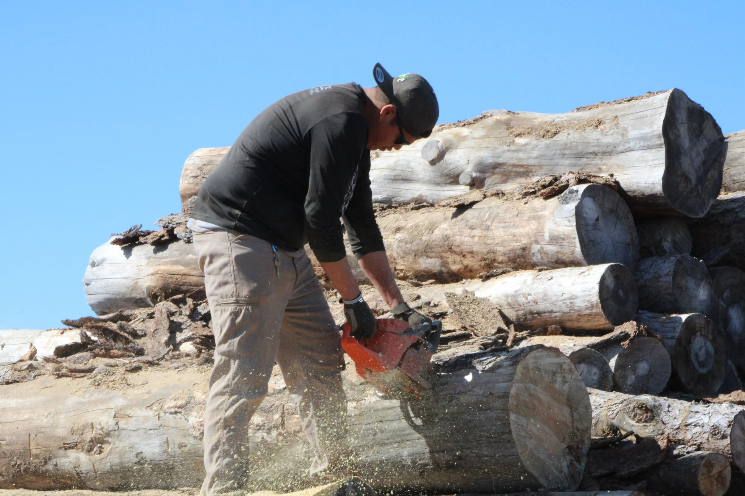 Man cutting a log with a chainsaw