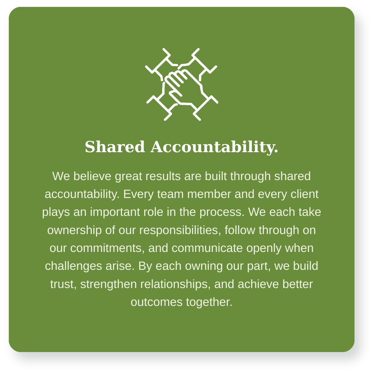 Spader Group core value Shared Accountability: a bookkeeping partnership built on ownership, follow-through, and open communication for better results together.