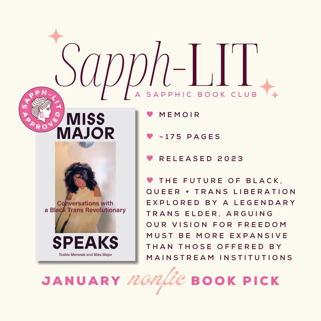 Our January book pick is MISS MAJOR SPEAKS 🏳️&zwj;⚧️🩵🤍🩷 Get your copy to read along with all us Sapph-Litties this month and tag @sapphlit to be featured 💫 #sapphlit #bookstagram #wlw