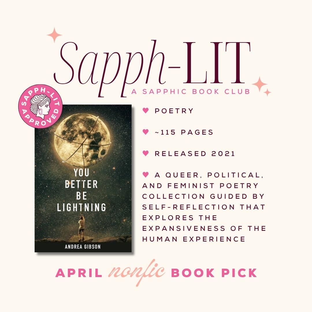 In honor of National Poetry Month, our April book pick is YOU BETTER BE LIGHTNING by the late, great Andrea Gibson ⚡️💛 Get your copy to read along with all us Sapph-Litties this month and tag @sapphlit to be featured ✨ #sapphlit #bookstagram