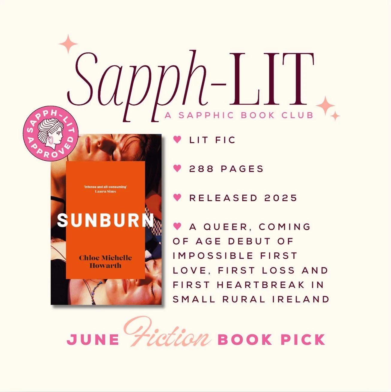 Our June book pick for @sapphlit&rsquo;s 5th Pride Month is SUNBURN by @chloemichelleh ☀️🇮🇪✨ Get your copy to read along with all us Sapph-Litties this month and tag @sapphlit to be featured ✨ #sapphlit #bookstagram #wlw #sapphicbooks #pride🌈