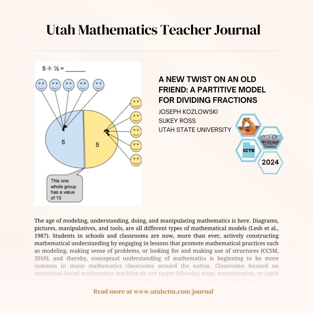 📢 Dive into this UCTM Mathematics Teacher Journal article by Joseph Kozlowski and Sukey Ross of Utah State University. Uncover innovative perspectives on dividing fractions with partitive models. ⁠
⁠
#Mathing #UtahEducators #MtBos #IteachMath #UCTM 