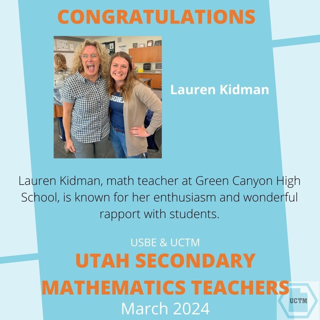 🎉 Let's give a round of applause to Lauren Kidman for earning the title of USBE Secondary Math Teacher of the Month! Your passion for teaching math shines bright, and your students are fortunate to have you guiding them.⁠
⁠
#Mathing #UtahEducators #