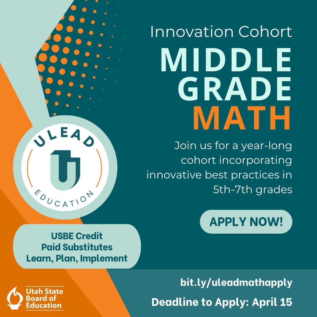 🌟 Excited to announce the ULEAD Innovation Cohort: Middle School Math! 5th, 6th, &amp; 7th-grade teams collaborate to revolutionize math education with research-backed strategies and expert guidance. Join in-person or virtually for FREE! ⁠
⁠
#Mathin