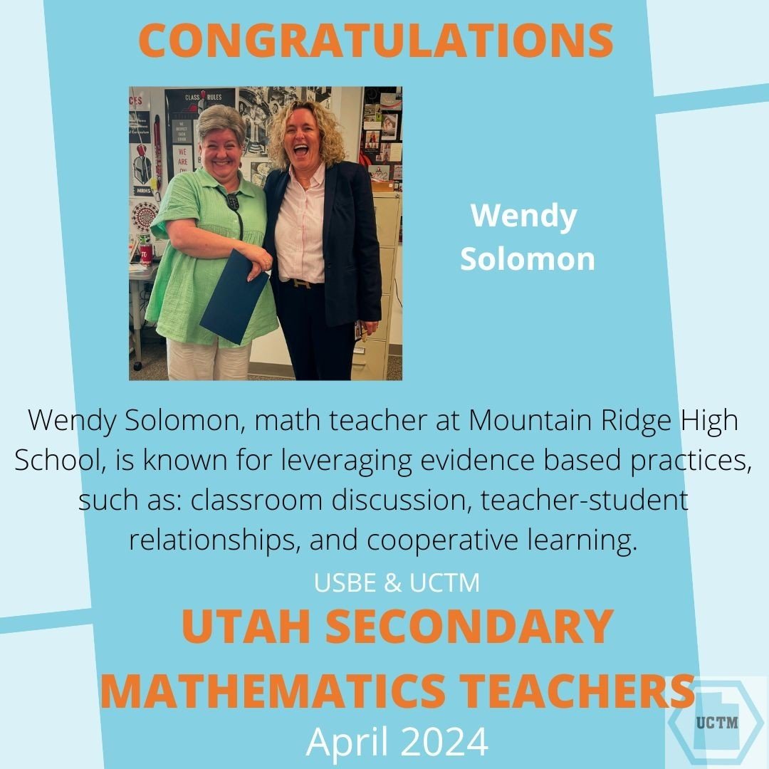 👏 Big congratulations to Wendy Solomon on being named the USBE Secondary Math Teacher of the Month! Your innovative approaches to teaching math make a lasting impact on your students' learning journeys. Keep up the fantastic work!⁠
⁠
#Mathing #UtahE