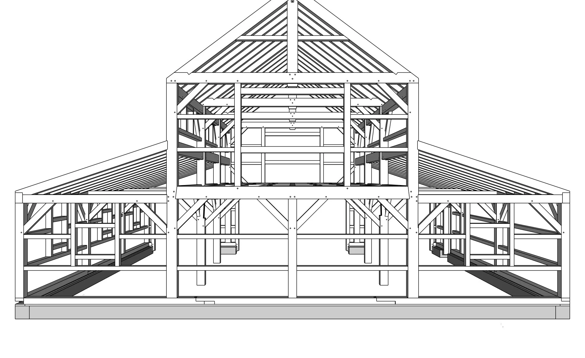 Architectural drawing of a building framework, showcasing timber beams and trusses.