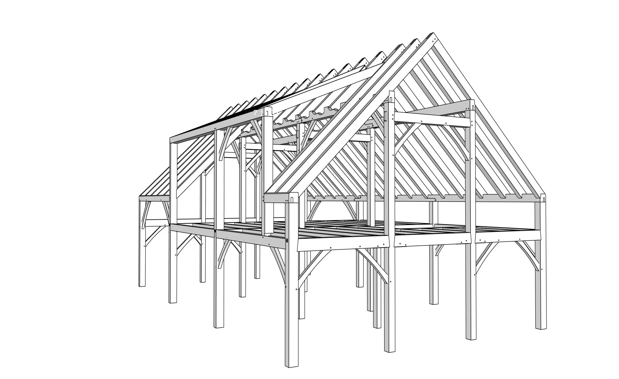 Illustration of a timber frame house under construction with visible beams and trusses.