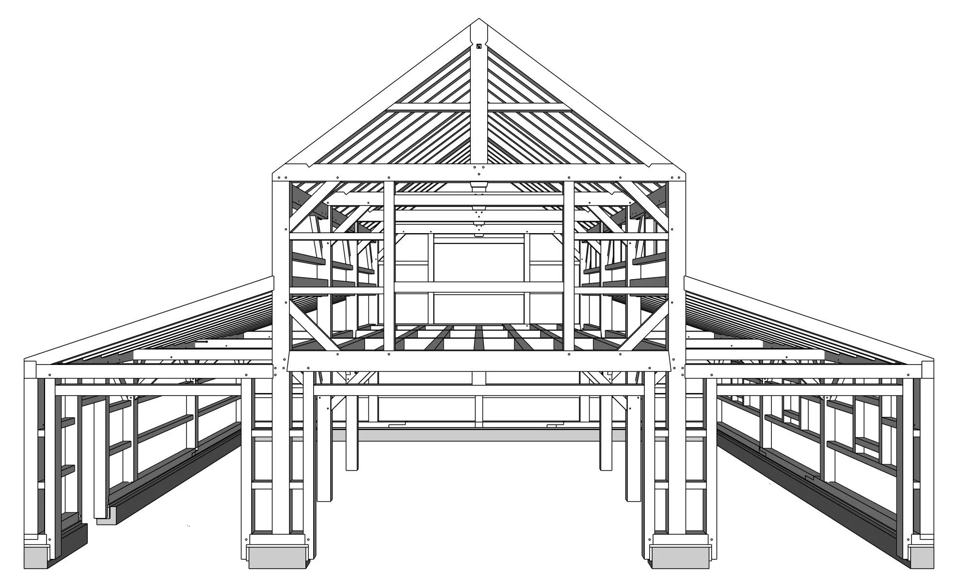 Illustration of a timber frame building structure, shown from the front, highlighting beams and columns used in post and beam construction.