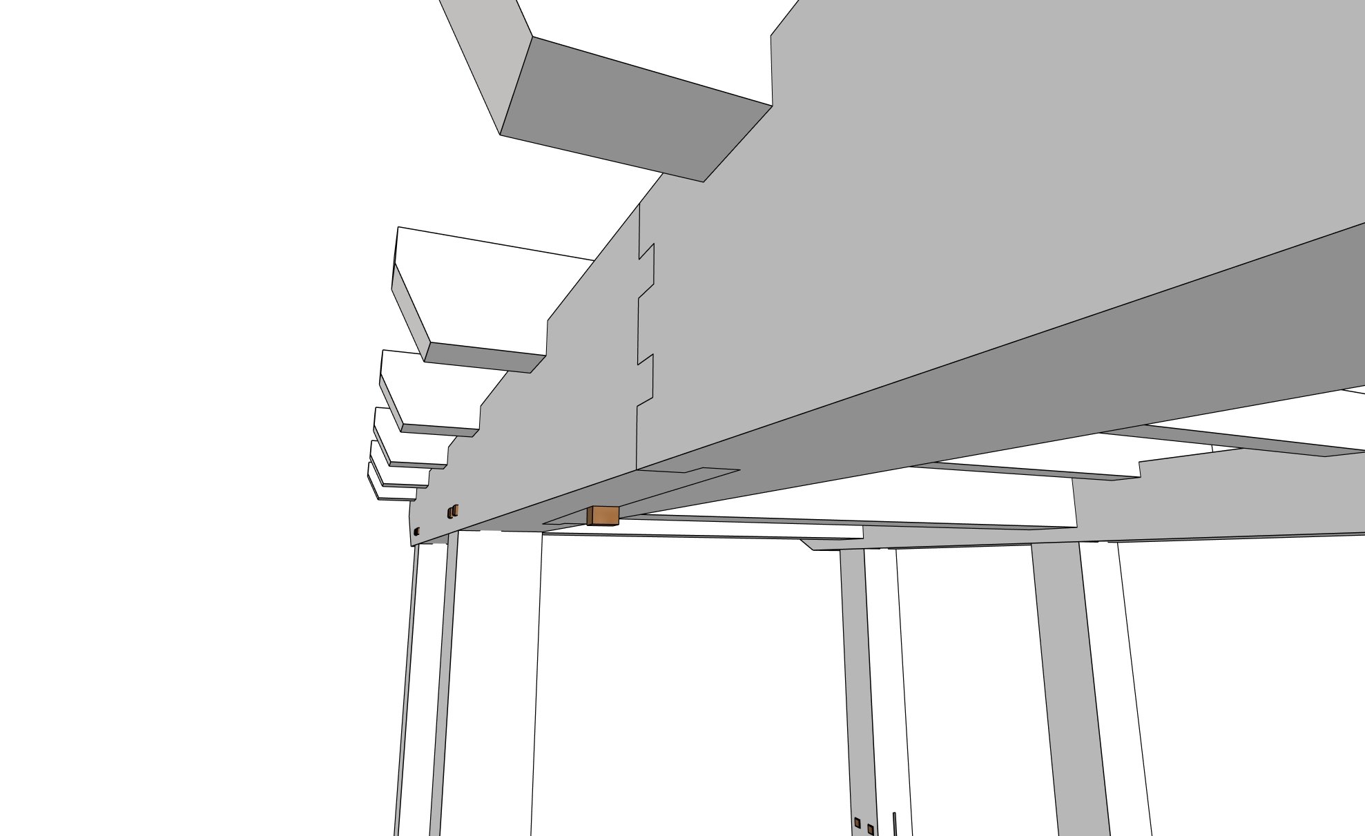 3D model of a wooden pergola structure, focusing on the joint connections and roof beams.