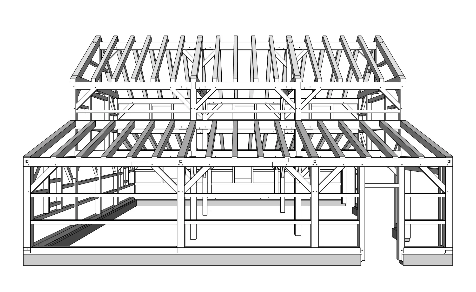 Timber frame structure blueprint for a two-story building with detailed post and beam construction.