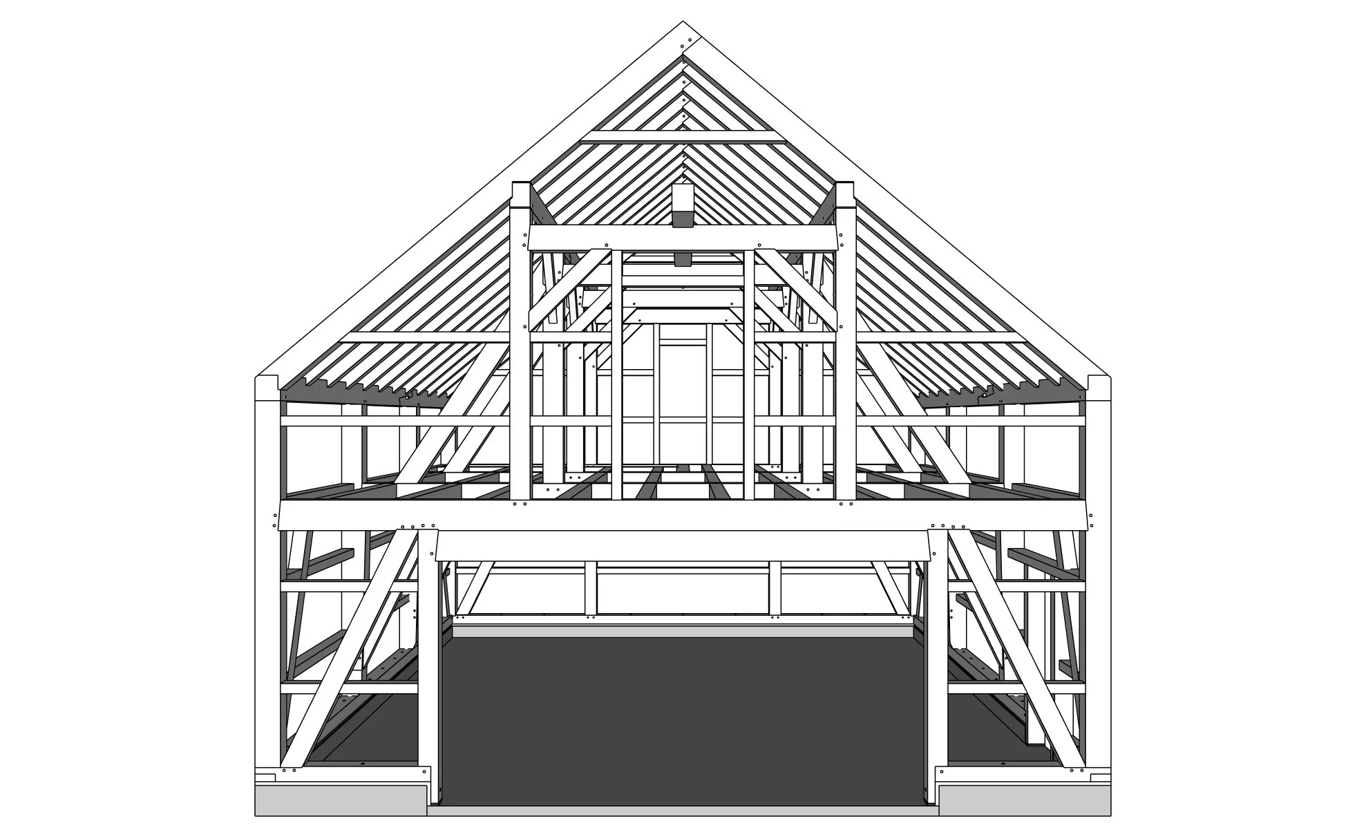 Architectural drawing of a timber frame barn structure with trusses and beams.