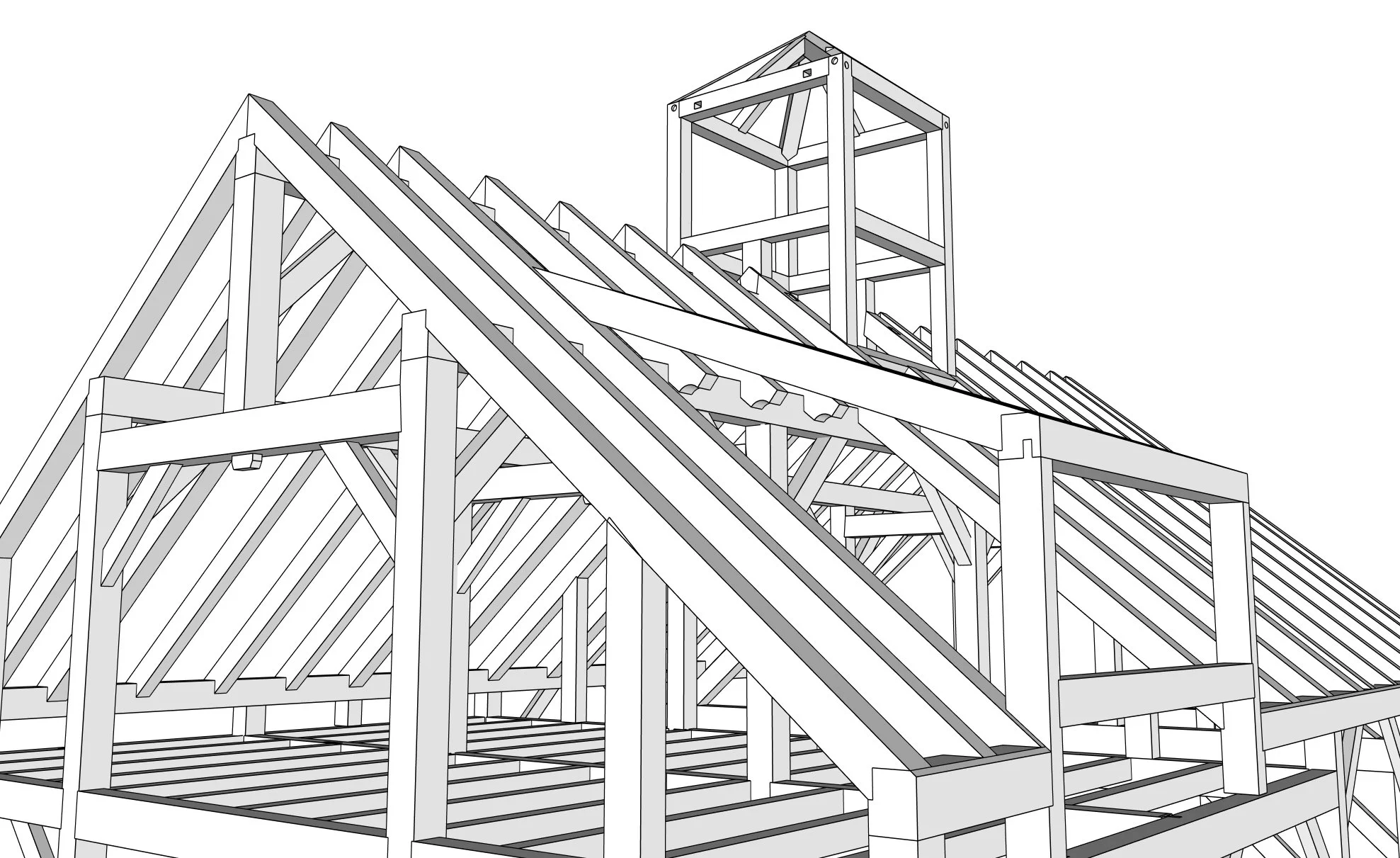 3D blueprint of a wooden roof structure with rafters, beams, and a roof frame.