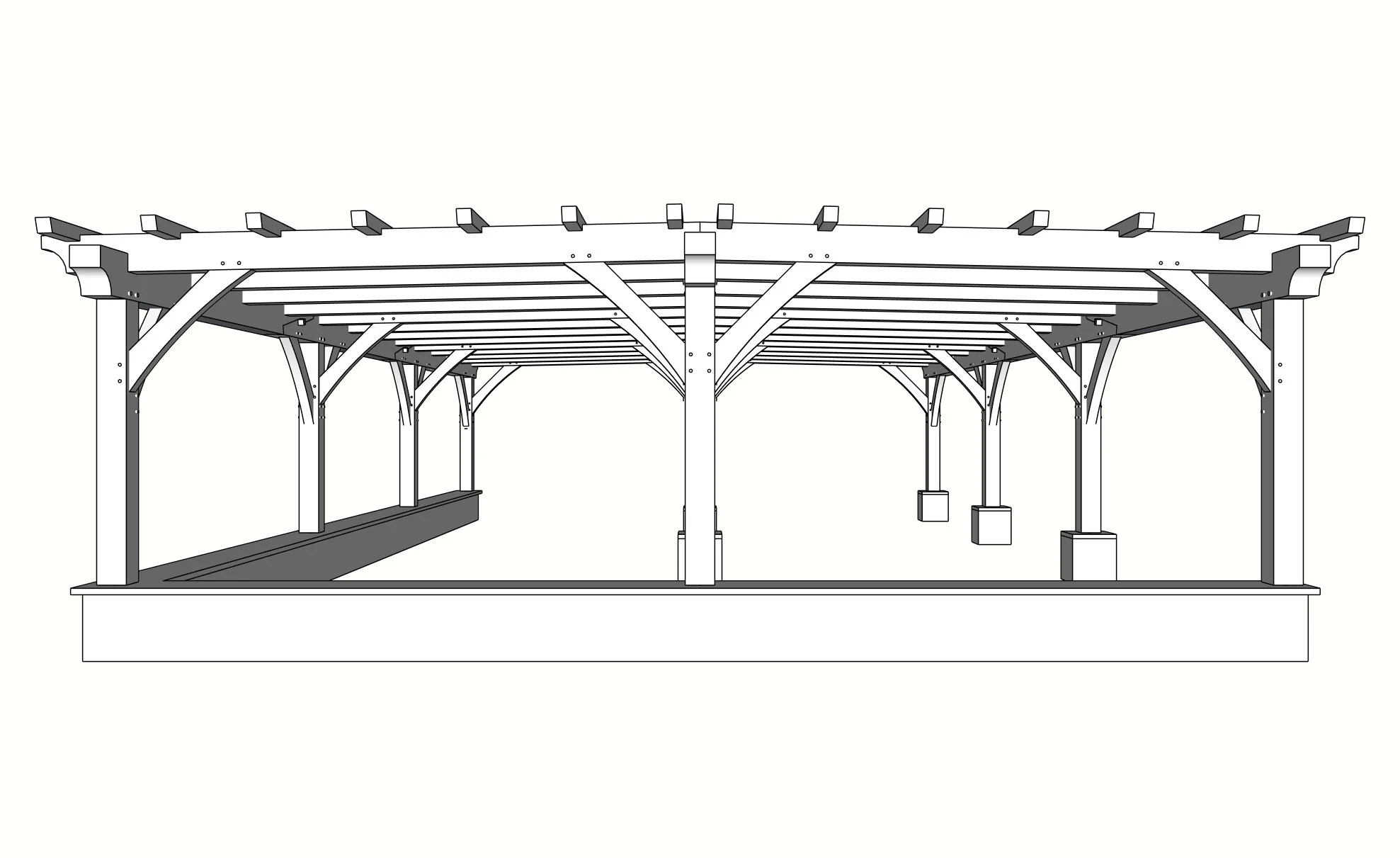 Illustration of a wooden pergola with a flat roof, supported by beams and columns.