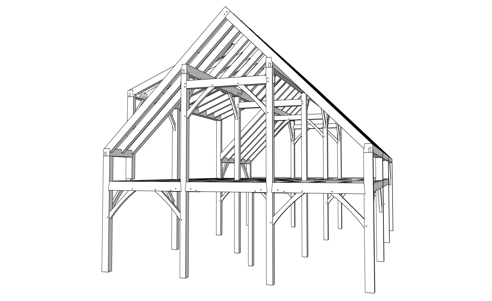 Timber frame structure of a building under construction, showing beams and rafters.