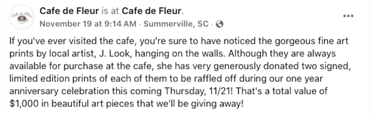 Facebook post by Cafe de Fleur describing artwork donations and raffle for anniversary celebration in Summerville, SC.