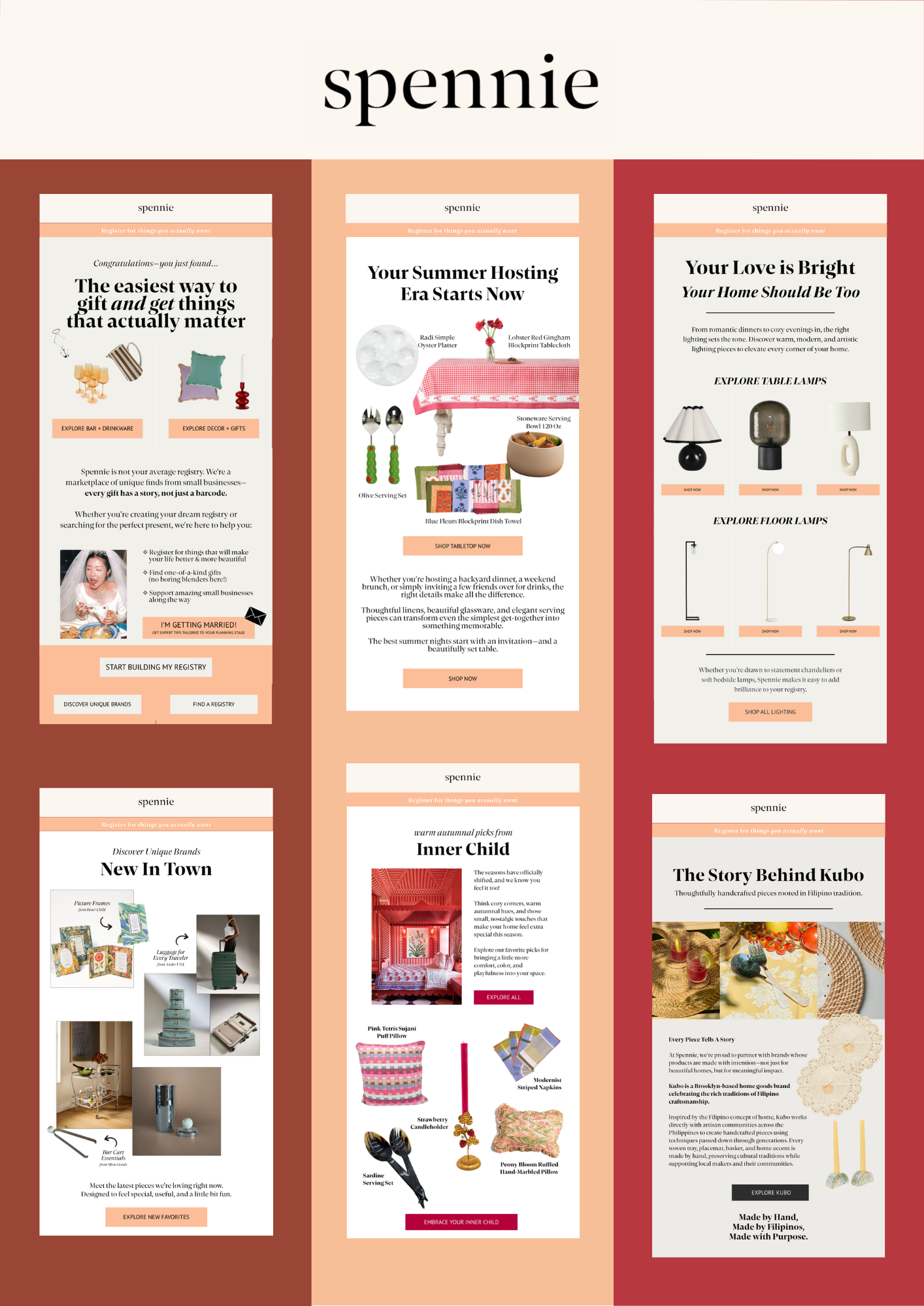 A collection of vertical website banners showcasing various home decor, tableware, gifts, and handcrafted items with text headings and product images, all from a brand called Spennie.