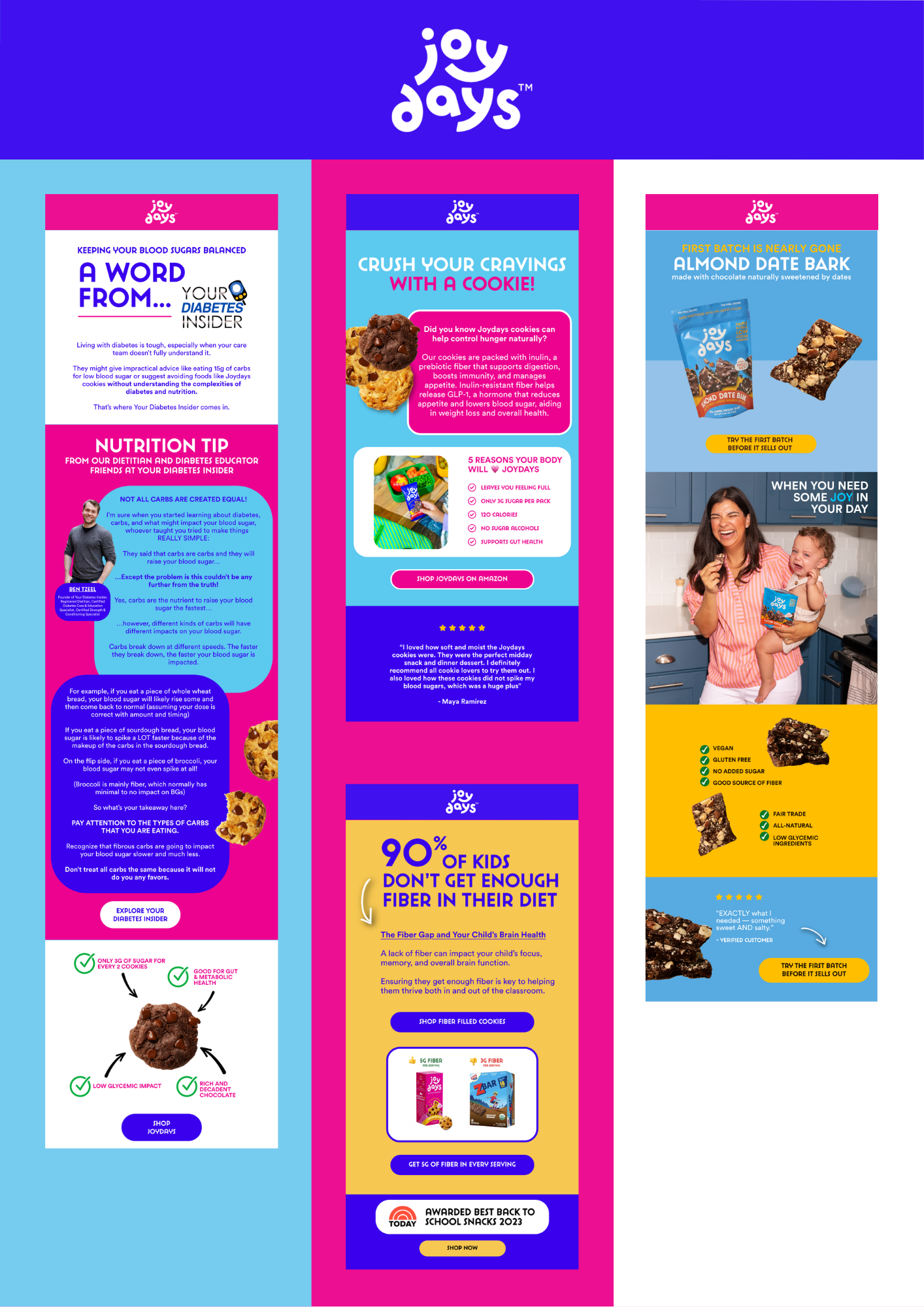 Promotional banner for Joy Days cookies featuring various sections: health benefits, product features, and awards, with colorful backgrounds in pink, blue, yellow, and purple, including images of cookie packs and happy people enjoying cookies.