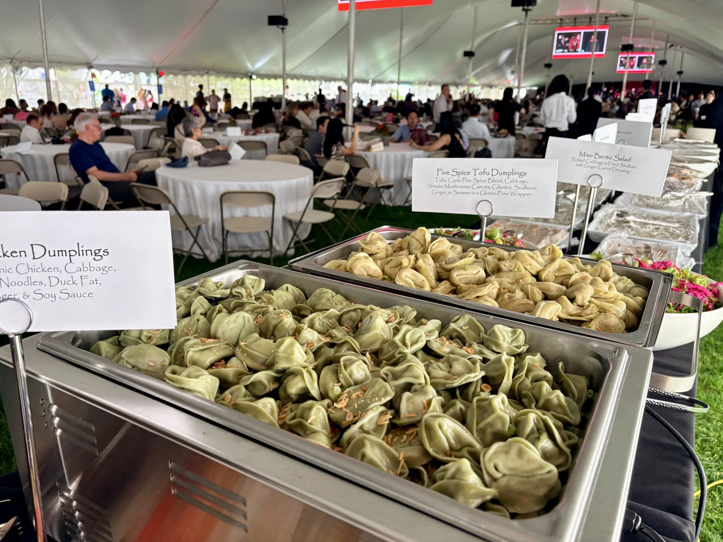 fancy catering display of mei mei dumplings at harvard medical school's graduation ceremony