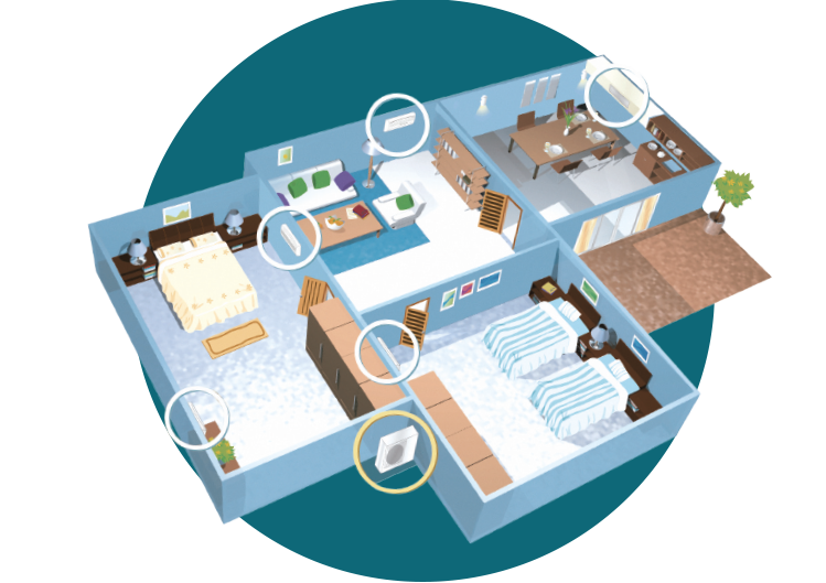A 3D floor plan of a house showing multiple rooms including bedrooms, a living room, kitchen, and bathrooms, with furniture and household items depicted.
