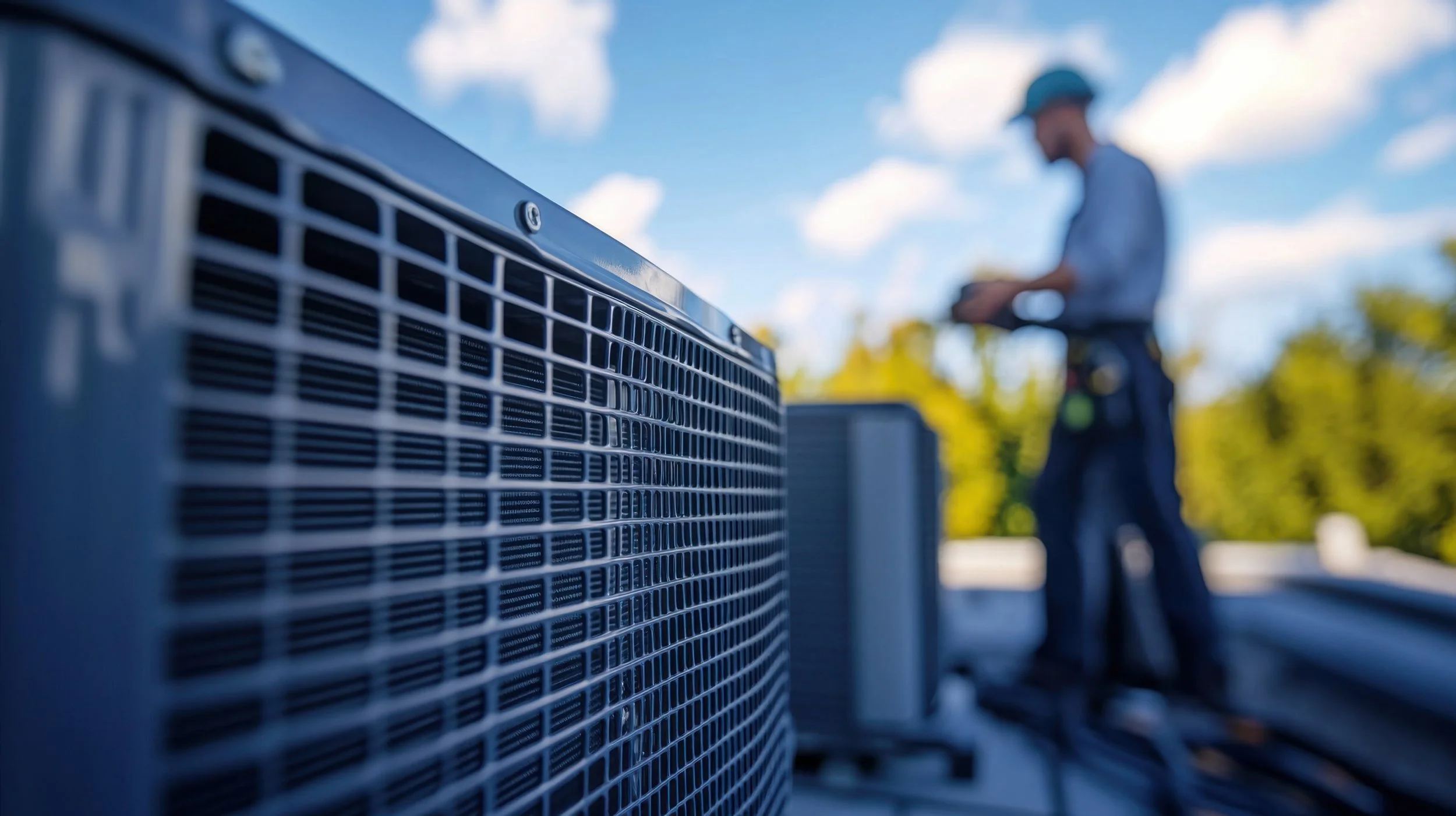Close-up of an outdoor air conditioning condenser unit with a person in the blurred background, standing outdoors under a partly cloudy sky.