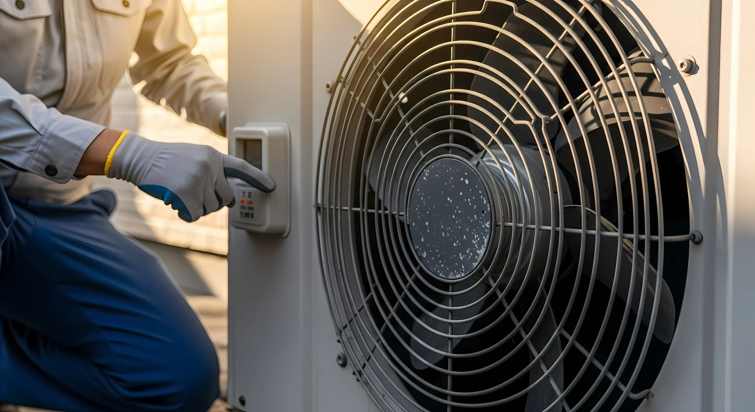 A technician wearing gloves and a light-colored shirt is servicing an outdoor air conditioning unit, using a control panel or diagnostic device, with the unit's large fan visible.