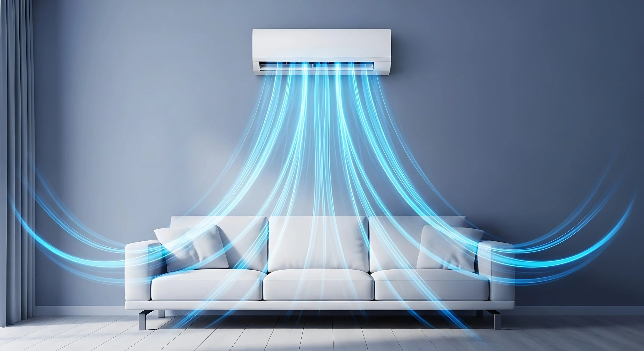 Living room with a white sofa against a blue wall, with animated blue lines representing airflow from a wall-mounted air conditioner.