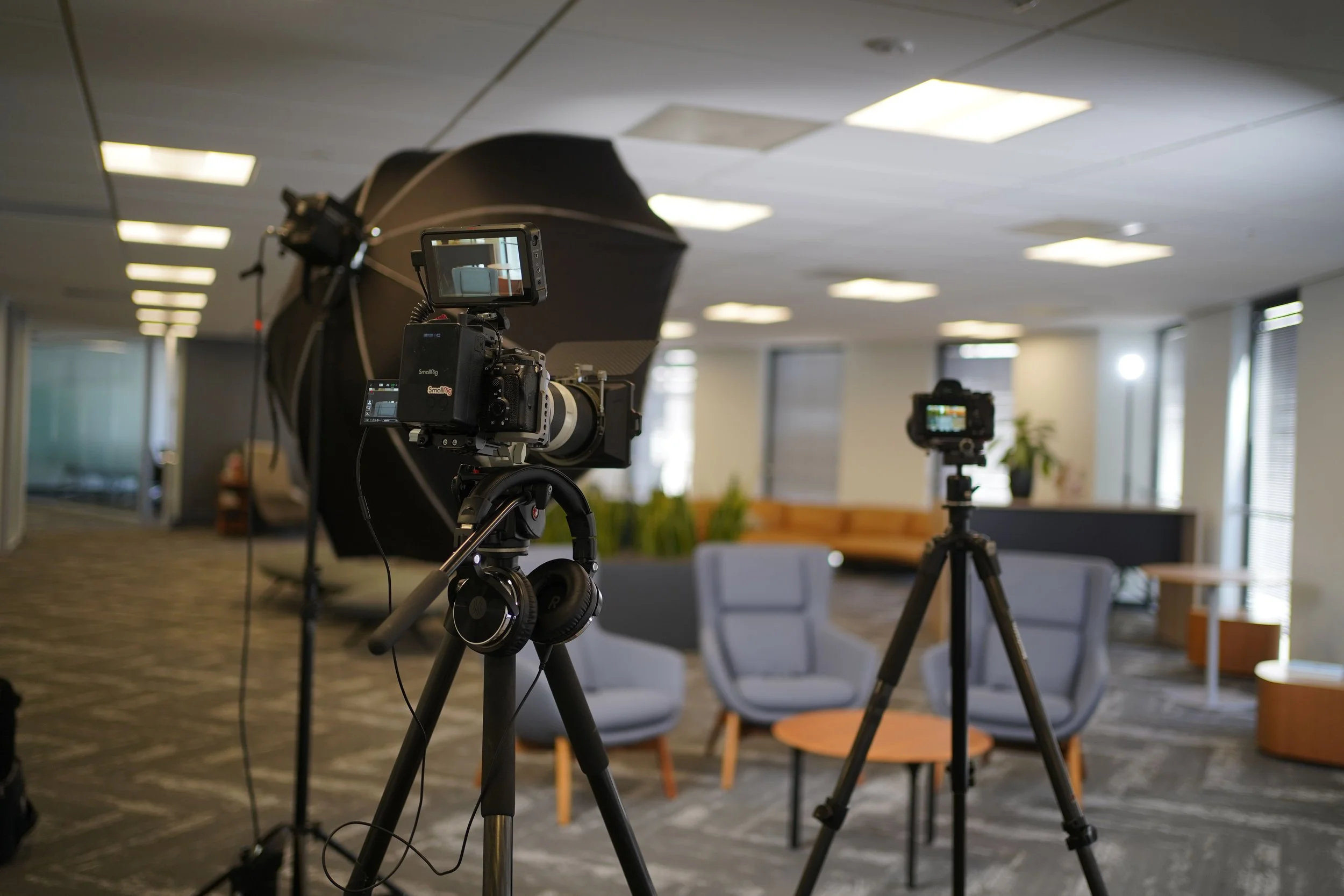 Two Sony FX3's with 70-200 mm lenses ready for testimonial recording.