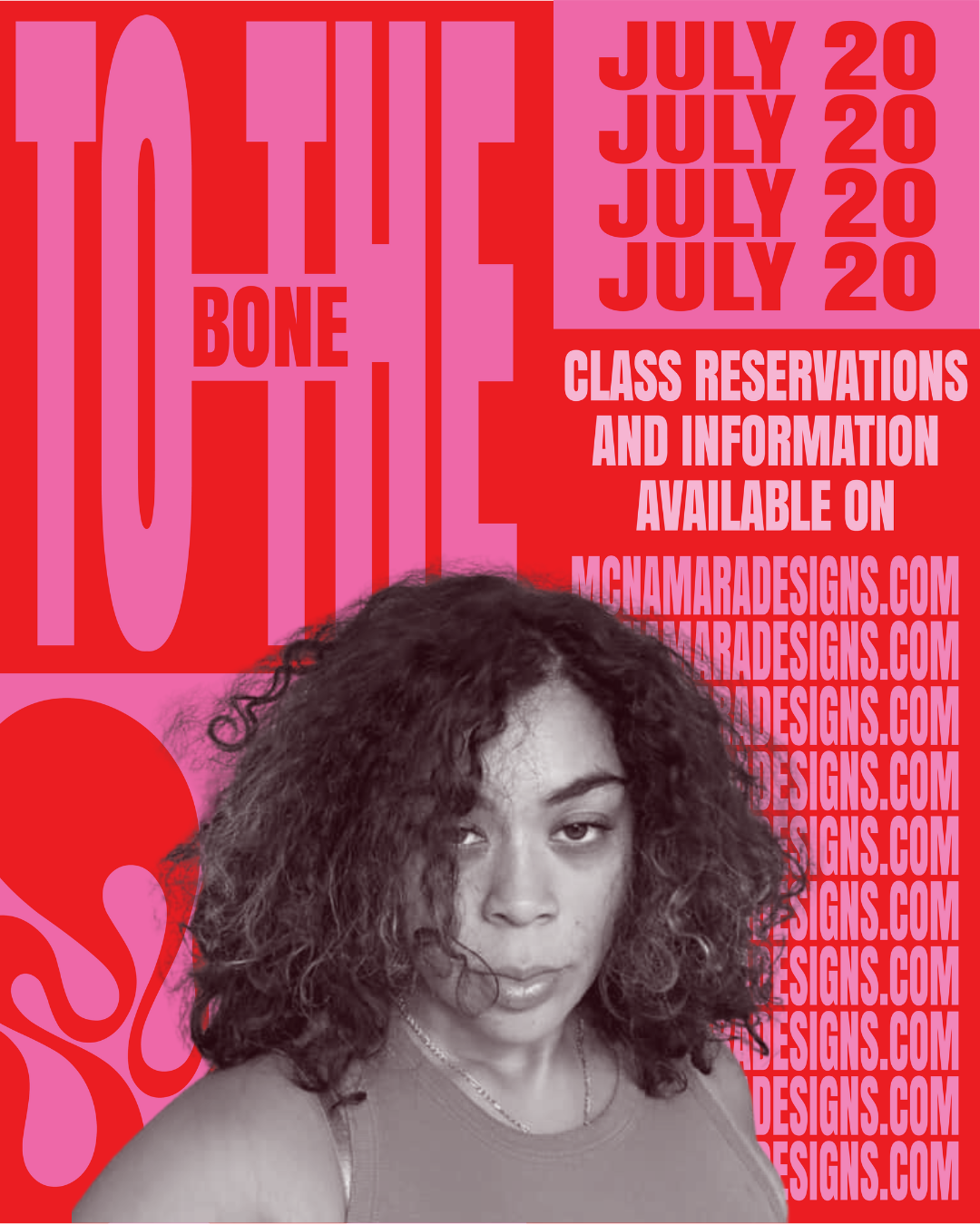 A young woman with curly hair and a neutral expression, in front of a vibrant pink and red promotional poster for a July 20 event, with bold text and website information.