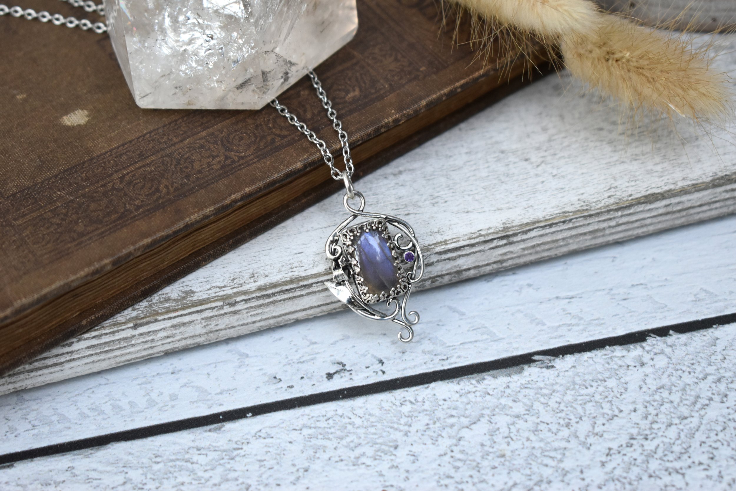 Iris Flower Silver Purple Labradorite and Amethyst Pendant
