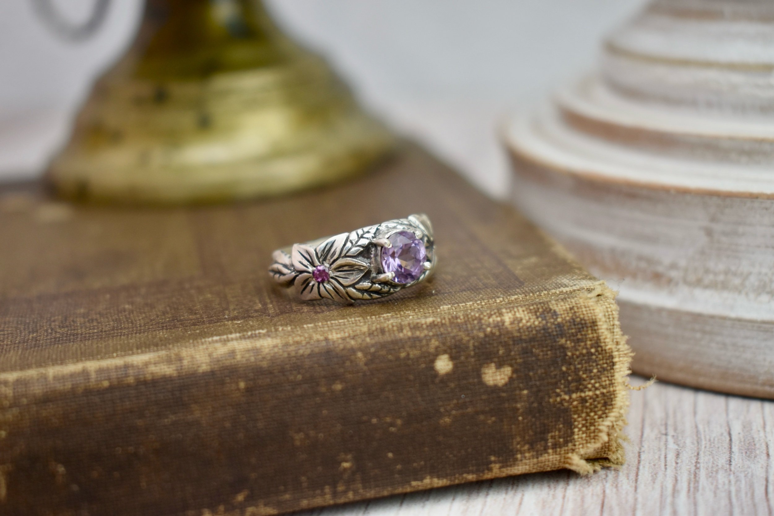 clematis flower floral silver fantasy ring customizable