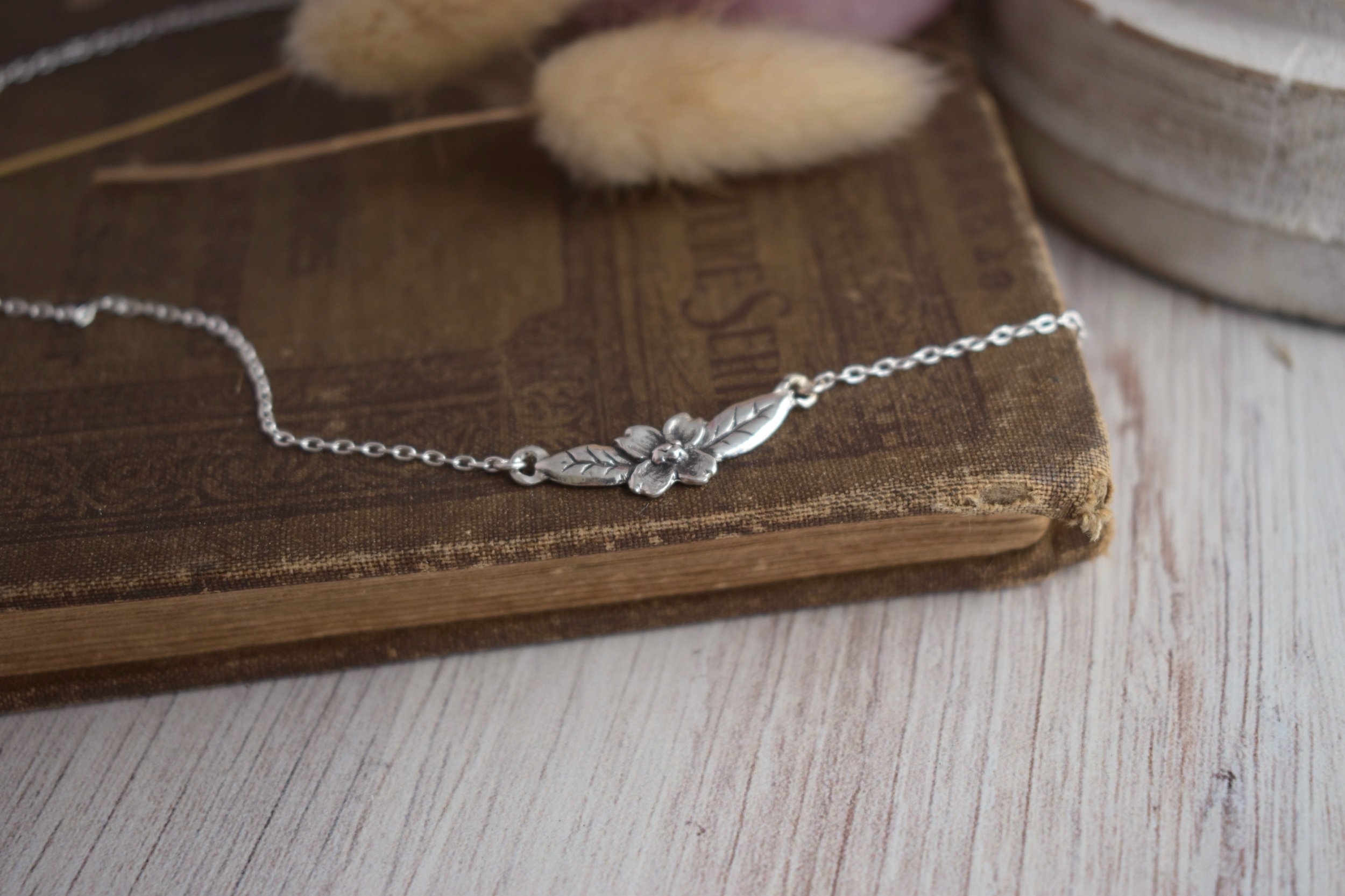 dogwood flower silver choker necklace dainty fairy jewelry