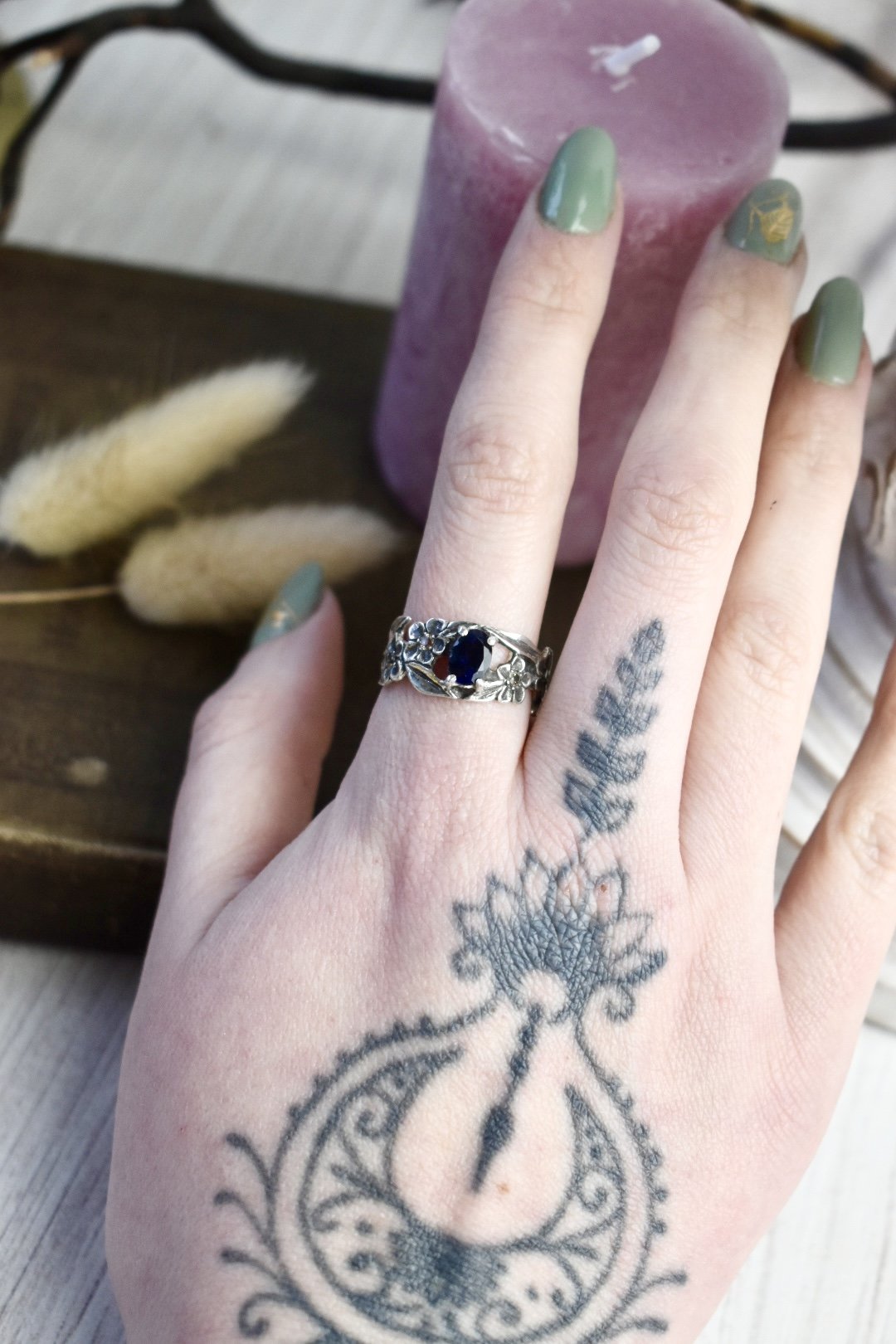 Forget me not silver floral fantasy ring with citrine and iolite