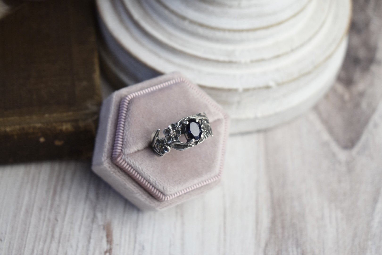 Forget me not silver floral fantasy ring with citrine and iolite