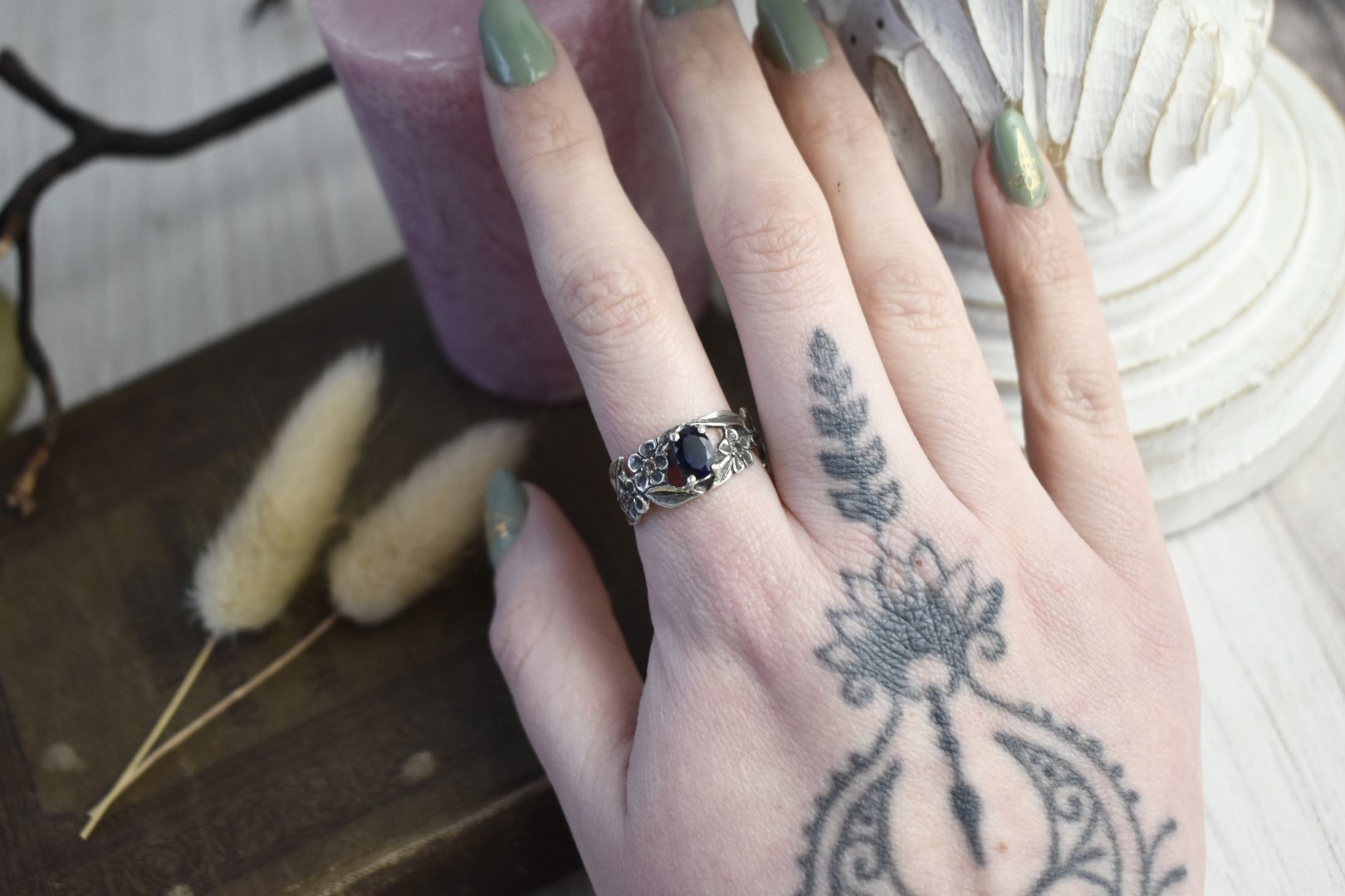 Forget me not silver floral fantasy ring with citrine and iolite
