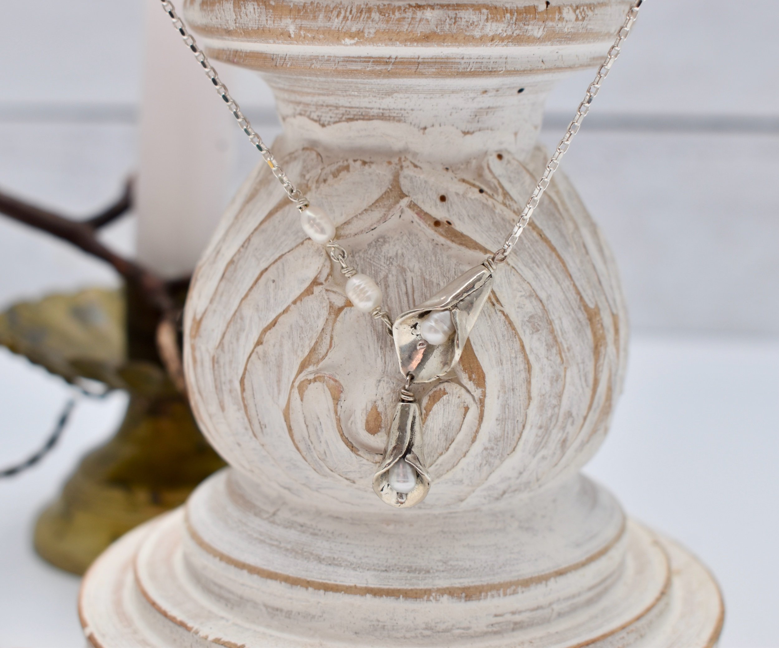 Calla Lilly sterling silver and freshwater pearls necklace floral jewelry