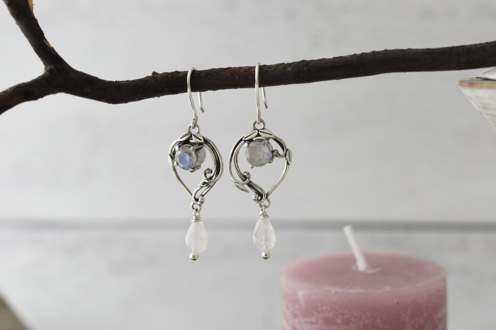 Sterling silver fairy style art nouveau inspired rainbow moonstone dangle earrings