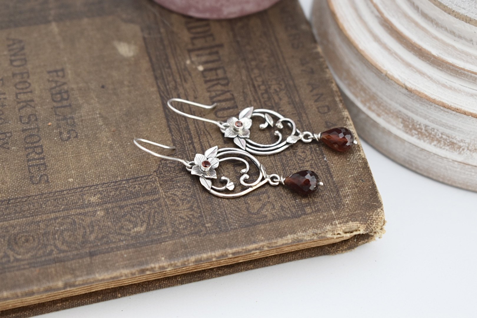 Art nouveau inspired sterling silver hydrangea flower garnet dangle earrings