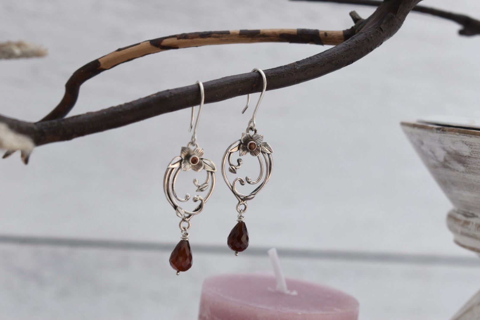 Art nouveau inspired sterling silver hydrangea flower garnet dangle earrings