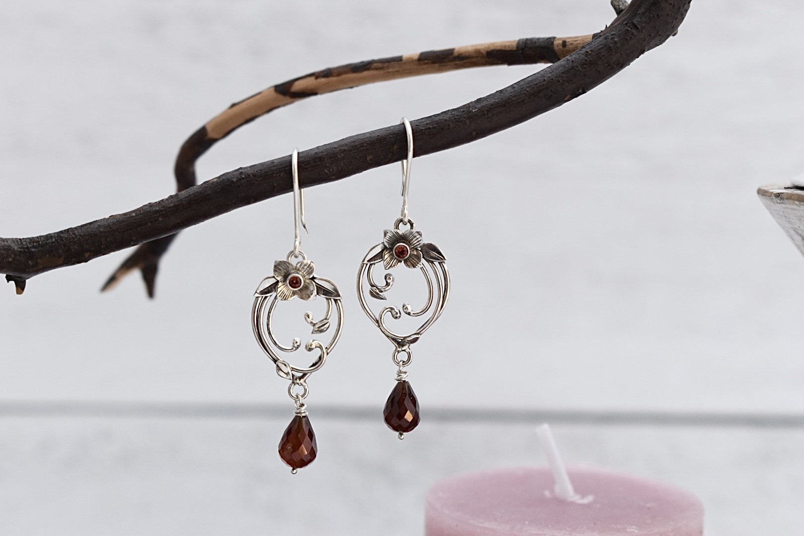 Art nouveau inspired sterling silver hydrangea flower garnet dangle earrings