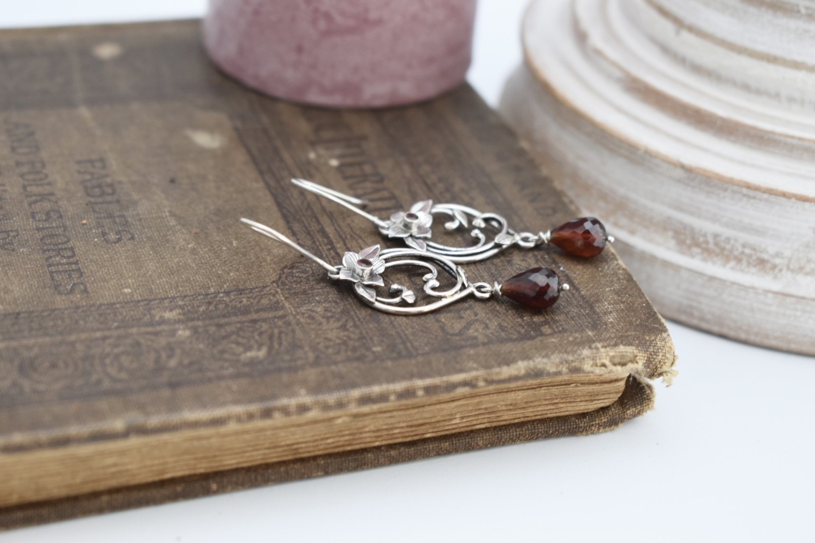 Art nouveau inspired sterling silver hydrangea flower garnet dangle earrings