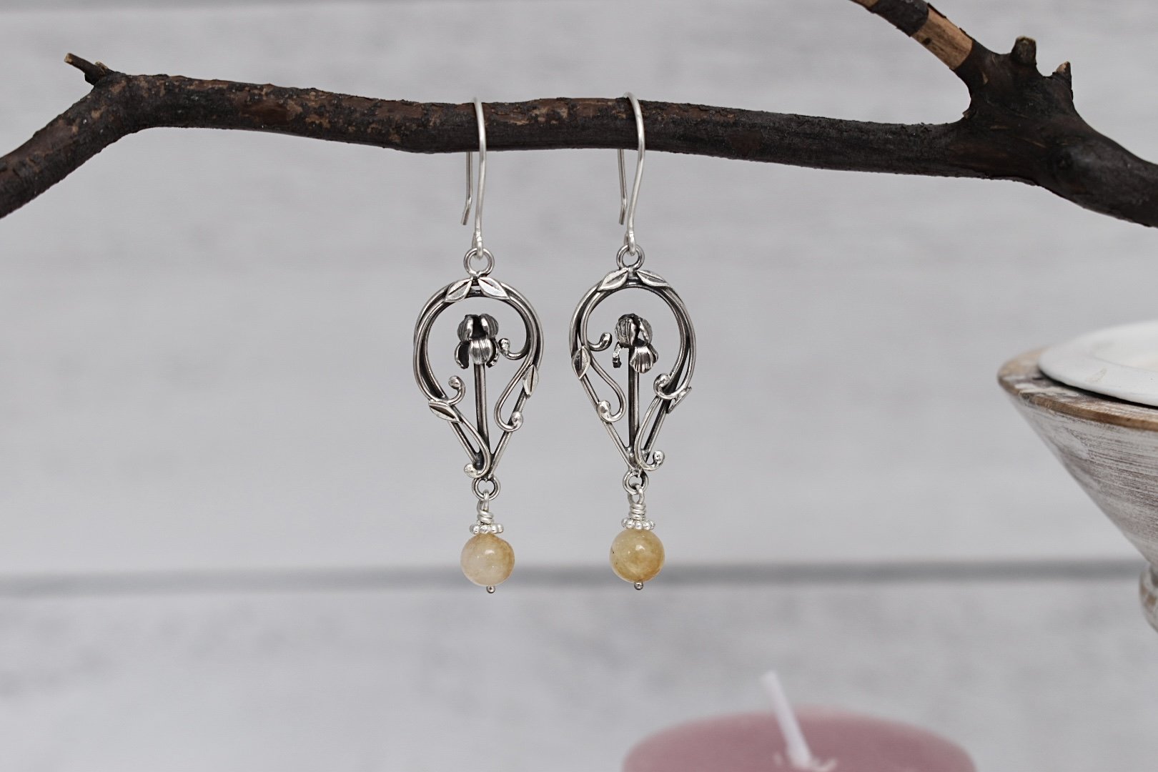 Iris flower sterling silver handmade fantasy inspired dangle earrings