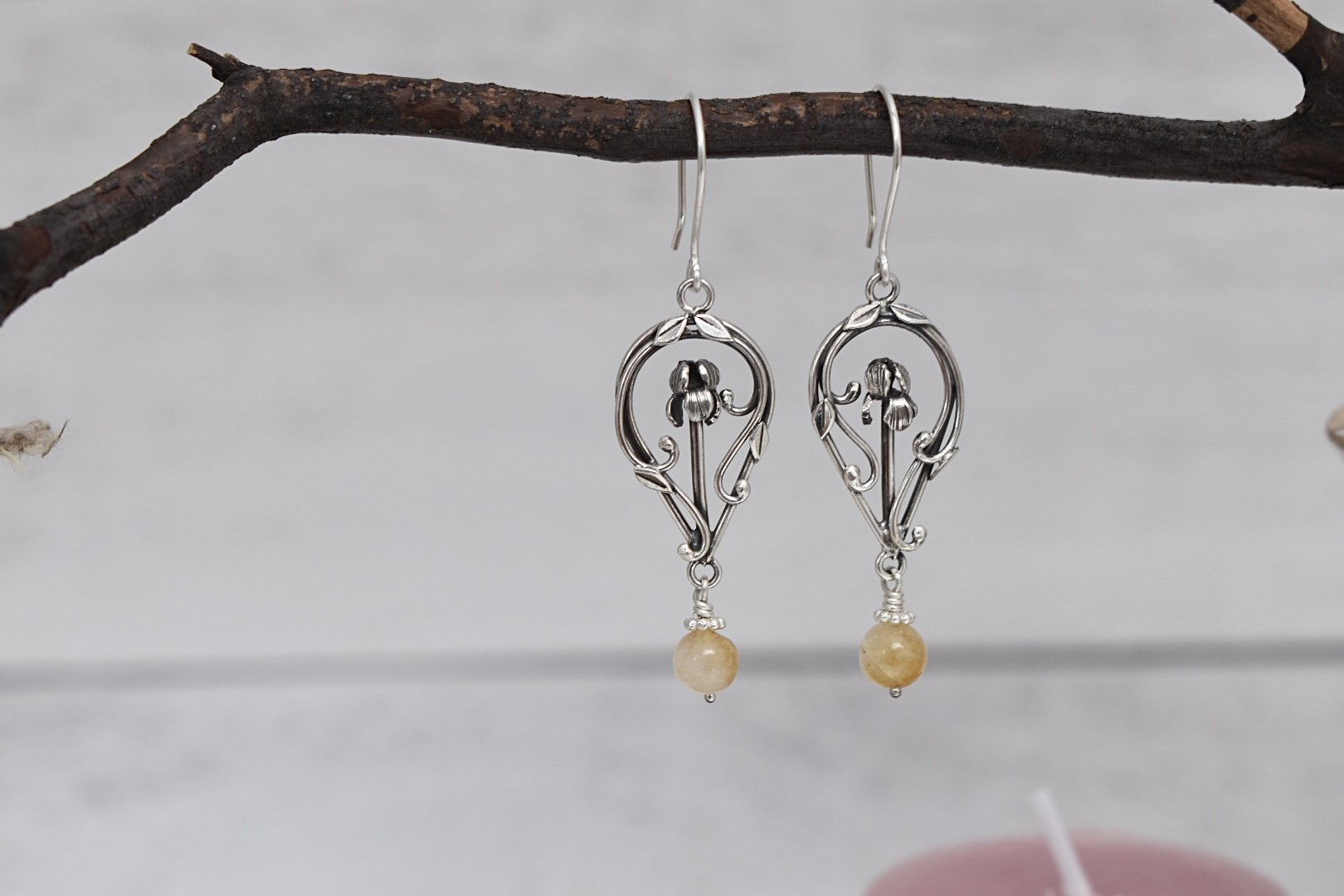 Iris flower sterling silver handmade fantasy inspired dangle earrings
